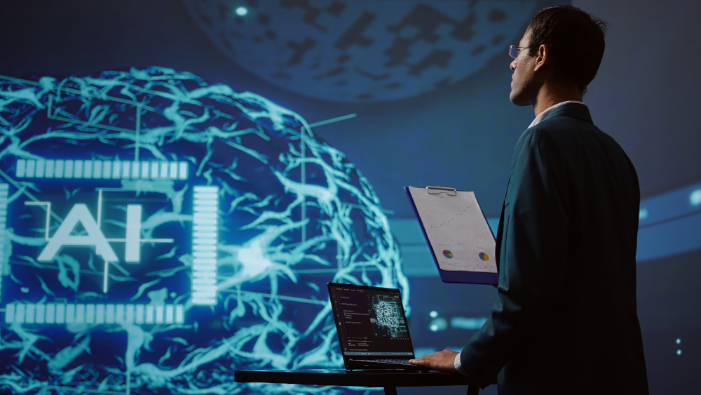 uomo di affari utilizza software con AI